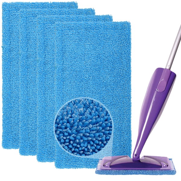 Flammi Reusable Mop Pad (UP to 100X) for Swiffer Wet Jet Spray Mop & All 10-12 Inch Flat Mop, Multi-Surface Cleaning Pad Washable Microfiber Wet Dry Mop Cloth, 4 Pack