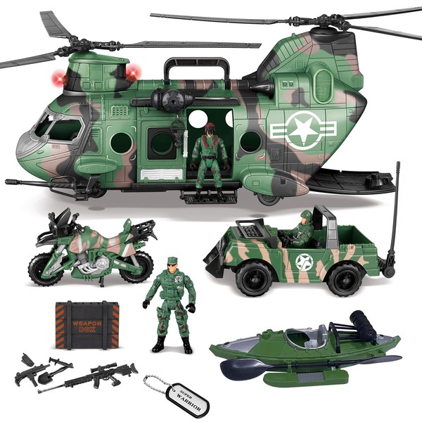 JOYIN 10-in-1 Army Helicopter Toys, Boys Military Toys, Including Helicopter with Realistic Light, Sound & Handle, Bruder Trucks, Boat, Motorcycle, Army Men Action Figures and Weapon Gears, Kids Gifts