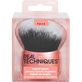 Real Techniques Cepillo Kabuki en ángulo, licuadora de maquillaje sin manos, mango de aluminio, bronceador corporal o aplicador de base, naranja, 1 unidad
