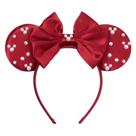 zhezesmila Satin Mouse Ears Headband for Women & Girls with Double-layer Bows Shiny Pearl Rhinestone Ears Hairband for Party & Vacation