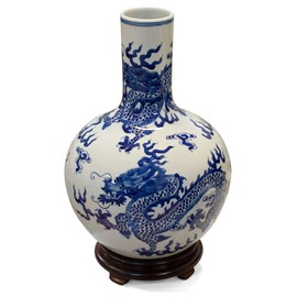 China Furniture Online Blue and White 3 Dragons Motif Chinese Porcelain Temple Vase