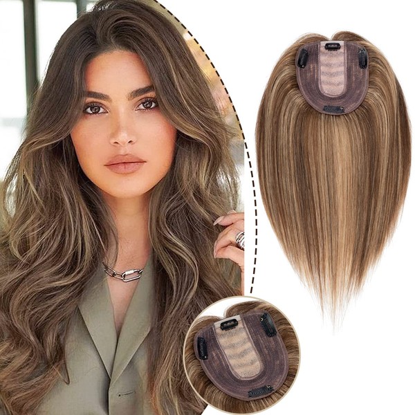 S-noilite Real Human Hair Topper Silk Base Clip in Topper Upgraded 130% Density Middle Part Remy Top Hair Piece for Women with Thinning Hair(8 Inch,#4P27 Medium Brown&Dark Blonde)