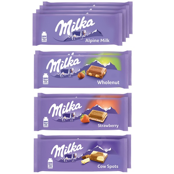 Milka European Chocolate Bars Variety Pack, Alpine Milk Chocolate, Cow Spots, Strawberry & Wholenut Hazelnut, 10 - 3.52 oz Bars