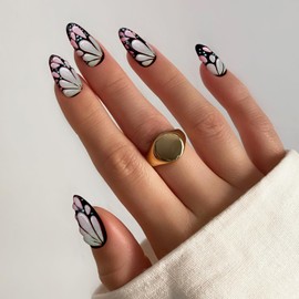 Almond Press On Nails, 3D Butterfly Designs Medium Fake Nails with Nail Glue, Reusable Soft Gel Stick On Nails for Women Girls Gift, 24PC Elegant Glue On Nails Kit