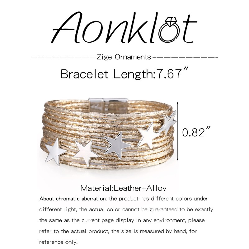Leather Bracelet for Men Women Silver Star Multilayer Wrap Bracelet