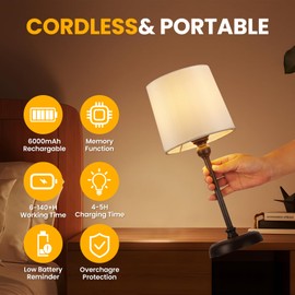 Kanweis Cordless LED Table Lamp, 6000mAh Rechargeable Battery Portable Bedside Night Lamp, Touch Stepless Dimmable Patio Ambient Table Light for Restaurant Office Bedroom(Black, High)