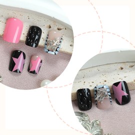 Vopintpy 3D Star Rhinestones Press on Nails Short Square Fake Nails with Design Glossy French Tip Acrylic Glue on Nail Reusable Full Cover Star Stick on Stick for Women DIY Manicure