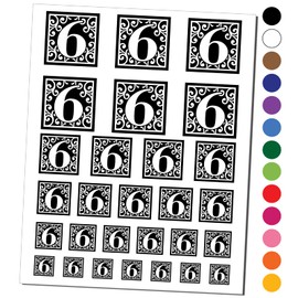 Monogram Swirls Number 6 Six Temporary Tattoo Water Resistant Fake Body Art Set Collection - Black (One Sheet)