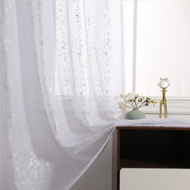 TERLYTEX Extra Long Silver White Sheer Curtains 120 Inches Long, 2 Panels Metallic Silver Shimmer Curtains for Living Room, Privacy Light Filtering Rod Pocket Sparkle Curtain Drapes, 52 x 120 Inch