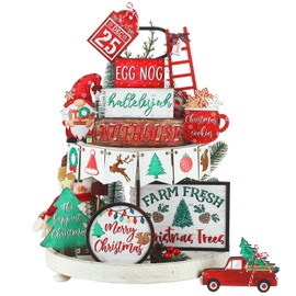 14 Pcs Christmas Tiered Tray Decor Set Christmas Wooden Sign Decor Rustic Farmhouse Christmas Tree Snowflakes Table Sign for Christmas Party Supplies