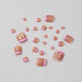 Pink French Tip Press on Toenails, Short Square Fake Toenails Bow Charms False Toenails Pink Toe Nail Tips Glossy Glue on Toenails Cute Acrylic Toenails Spring Summer Toenail Press ons for Women 24Pcs