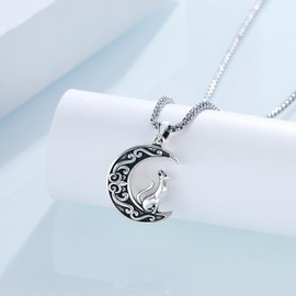 XIXLES Cat Urn Necklace for Ashes Memorial Cremation Jewellery for Ashes 925 Sterling Silver Moon and Cat Pet Urn Ash Pendant Necklaces Gifts for Women Men