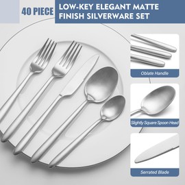 Heavy Duty Silverware Set, EIUBUIE 40-Piece Premium Stainless Steel Flatware Sets For 8, Matte Brushed Finish Cutlery Tableware Modern Kitchen Utensils Set for Home Restaurant, Dishwasher Safe