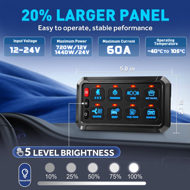 Blue 8 Gang Switch Panel, Momentary ON-Off Touch Switch Box