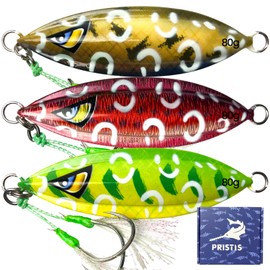 Pristis 3 pcs 80g Sinking Jigs, Slow Fall Pitch Metal Fishing Lures for Long-Distance Casting, Vertical Jig Spoon Saltwater Freshwater, Sea Fishing for Tuna, Grouper, Dogtooth, Snapper, Bass, Salmon
