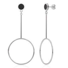 Kaiya - Open Circle Drop Stud Earrings With Black Marble for Women, 316L Stainless steel Long Simple Round Circle Drop Stud bar earrings, Black Marble Bar Open Stud Earrings For Women (Silver)