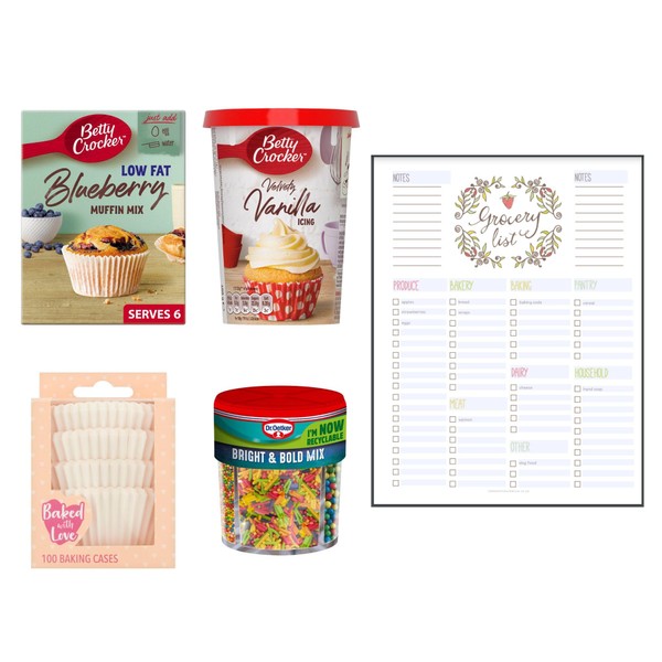Cupcake Baking Set which Contains Betty Crocker Low Fat Blueberry Muffin Mix 335g, Velvety Vanilla Icing 400g, Culpitt 100 Baking Cases and Dr. Oetker Sprinkles Mix 109g Bundled with Grocery List Card