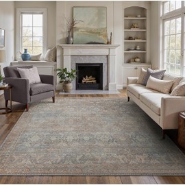 BESBLEE 8X10 Area Rugs Machine Washable Rugs for Living Room, Vintage Boho Large Rugs for Bedroom Dining Room, Non Slip Indoor Soft Distressed Lightweight Thin Low Pile Carpet, Dusty Blue