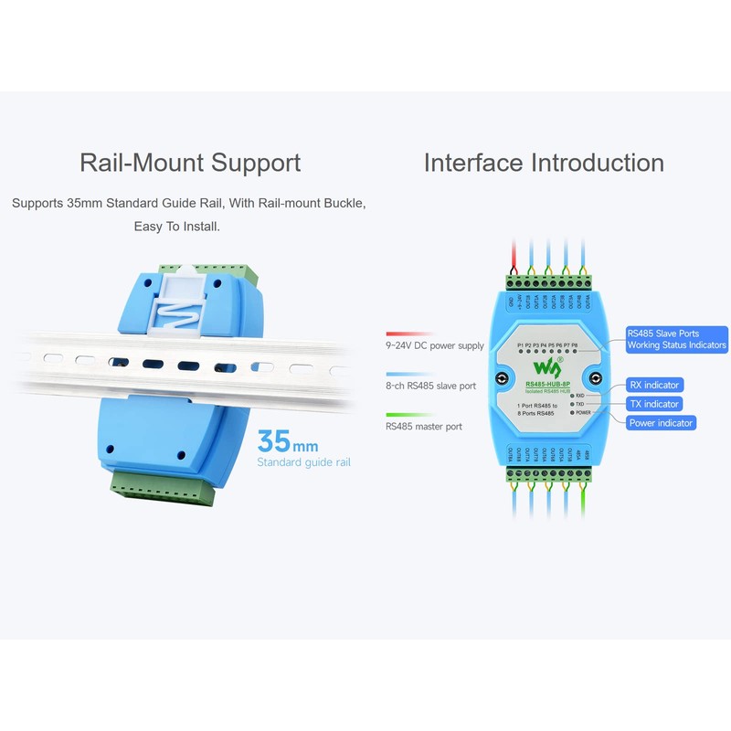 8-ch RS485 Hub with RS485 Network Relay, Extension, Isolation Functions,
