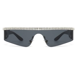 YAMEIZE Y2K Diamond Wrap Around Sunglasses - Rimless Futuristic Shield Frameless Rhinestone bling Sun Glasses for Women Men, Black Grey, Medium