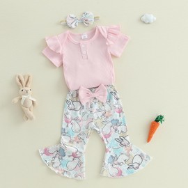 Infant Baby Girl Easter Outfit Ribbed Ruffle Romper Bunny Bell Bottom Pants Headband Set Easter Spring Clothes (Multicolor, 3-6 Months)