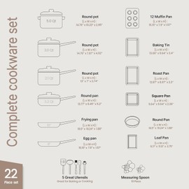 Pots and Pans Set, 22-Piece Non Stick Cookware & Bakeware Sets with Plaid Pattern, Stackable Design, Dishwasher Safe, Stain-resistant, Oven & All-Stove Safe, Tempered Glass Lid, Golden