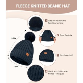 Womens Winter Beanie Hat with Pom and Touchscreen Gloves Set，Soft Warm Knit Cap and Gloves with Faux Suede for Cold Weather(Navy Blue)