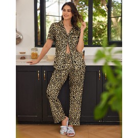 Ekouaer 2 Pack：Women Pajamas Short Sleeve Pj Set Notch Collar Button Up Loungewear Cozy Sleepwear Sets Leopard Print and Black M