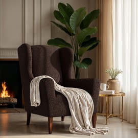 PAULATO BY GA.I.CO. Stretch Wingback Chair Slipcover 1-Piece – Bi-Elastic Wing Backed Armchair Cover – Furniture Protector Machine Washable – Dark Brown (Wingback Armchair 21”-39” Wide)