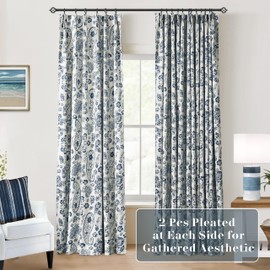90 Inch Long Modern Pinch Pleat Blackout Window Curtains for Living Room 2 Panel Set Dark Blue Floral Printed Patterned Grandmillennial Preppy Curtains for Bedroom