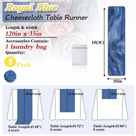 Waligoy Royal Blue Cheesecloth Table Runner 1 Pack 35" Boho Gauze 120 inches Long Runner Rustic Sheer Fabric Bulk for Baby Shower Wedding Bridal Birthday Party Table Decorations