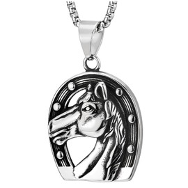 COOLSTEELANDBEYOND - Collar con colgante de caballo y caballo clásico para hombres y mujeres, cadena de acero inoxidable, 30 pulgadas, Acero inoxidable, Sin piedra preciosa