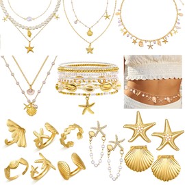 HairChrysm 23 Pcs Starfish Seashell Beach Jewelry Set, Layer Necklace Bracelets Stackable Shell Starfish Rings Earrings Boho Pearl Beach Accessories for Women