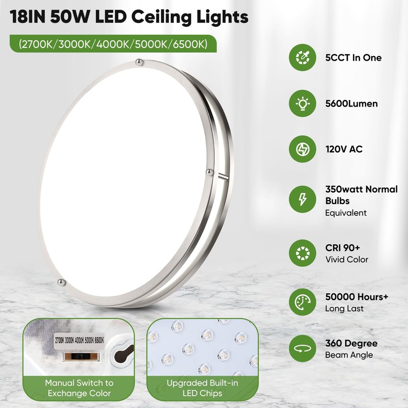 TOBUSA 18inch LED Flush Mount Ceiling Light, 50W 5600lm Bright
