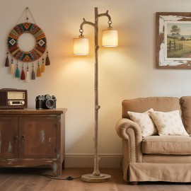 Rustic Floor Lamp For Living Room - 69" Farmhouse Tree Trunk Floor Lamp - Resin Tall Lamp With 2 Country Vintage Reading Light - Retro Standing Lamps For Bedroom Office Home Decor (Brown, 2 Bulbs)