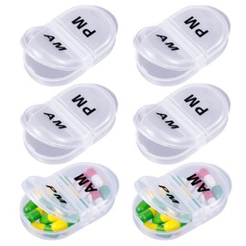 6 Pack Pill Organizer Pocket Small Case Holder Am Pm Pill Case Portable Two Compartment Round Travel 2 Times a Day for Vitamin Medication Supplement(Clear)