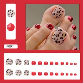 Red Press On Coffin Toenails With Leopard Designs, Full Cover Reusable False Nails With Adhesive Tab, Artificial Acrylic Fake Toe Nails, Glue On With Charm Stick On for Women