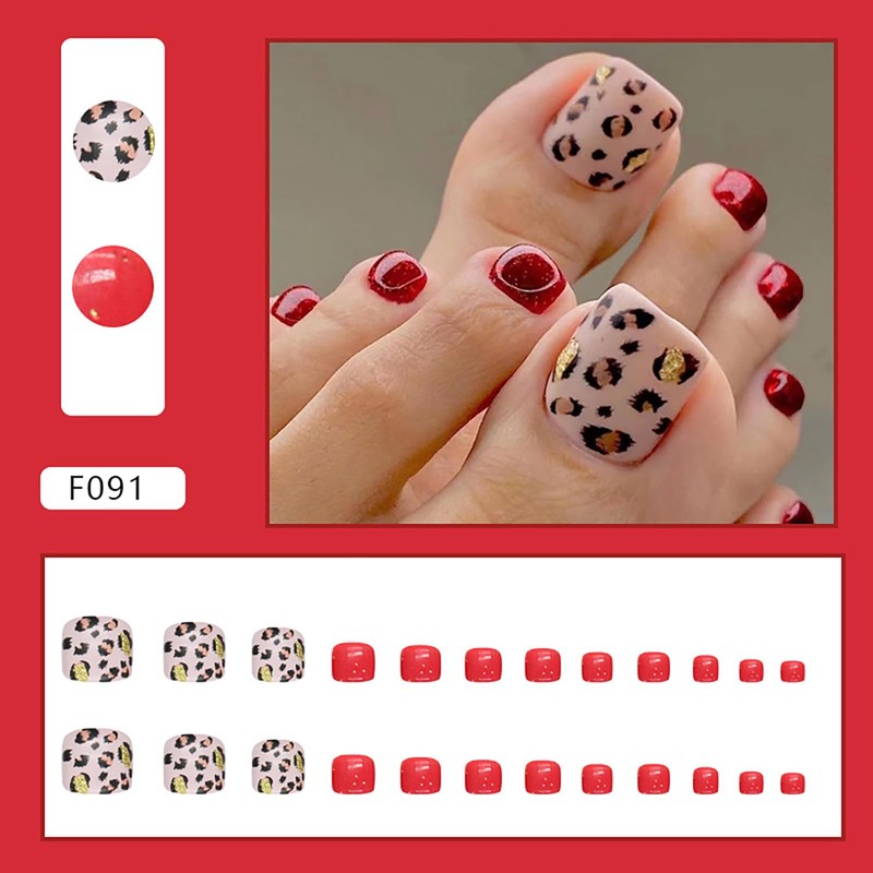 Red Press On Coffin Toenails With Leopard Designs, Full Cover