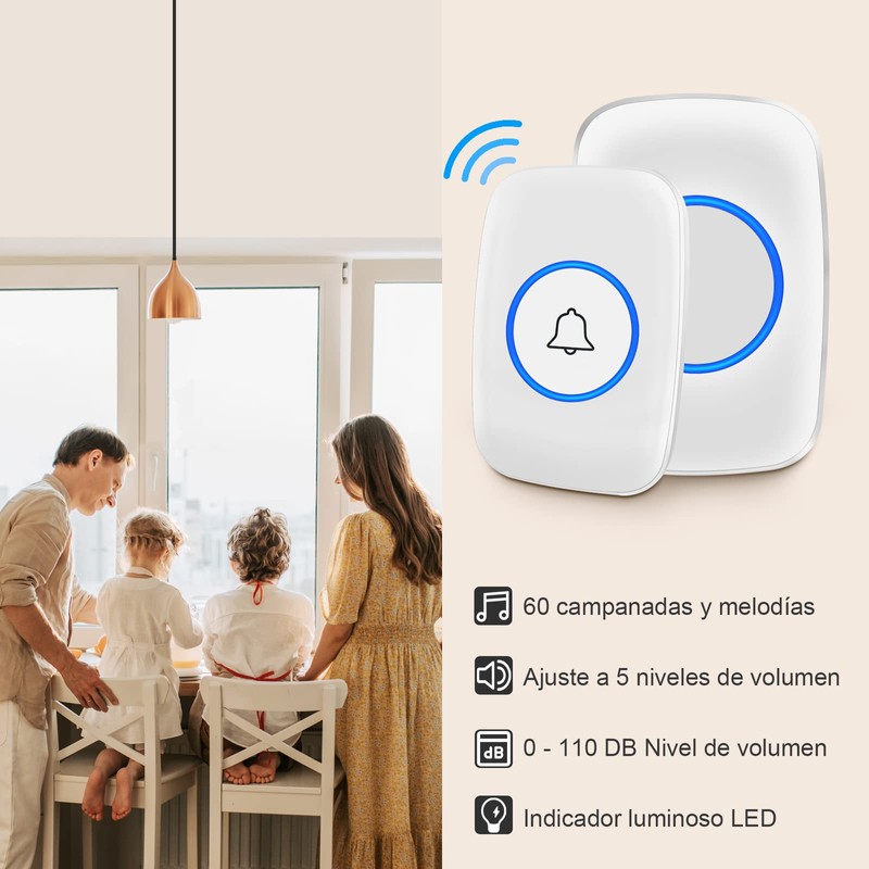 Timbre Inalámbrico para Puerta Exteriores, Botón Impermeable, Rango de Trabajo
