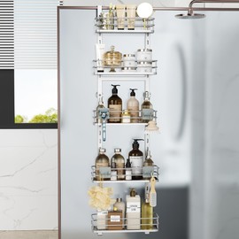 Orimade Over the Door Shower Caddy Adjustable 5 Tier Silver,Bathroom Hanging Organizer Shelf Rustproof with 4 Hooks,Shower Basket with Soap Holder and Suction Cup Bathroom, White