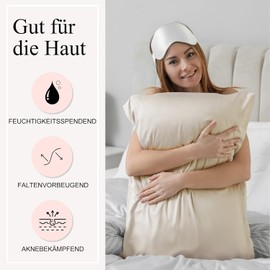 Seiwohl Satin Cushion Cover 60 x 60 cm, Pack of 2 Satin Pillowcase Cushion Cover for Hair and Skin, Similar to Silk, Beige, with 2 Hair Bobbles