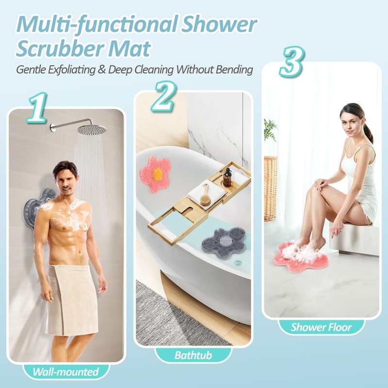 GEENOA New Silicone Shower Foot Scrubber Mat, Large Wall-Mounted Back