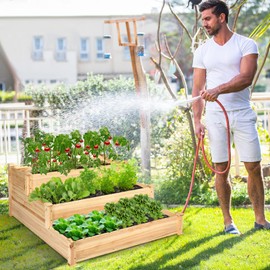 COSTWAY 3-Tier Raised Garden Bed, Wooden Elevated Planter Box for Vegetables Flowers Herbs Fruits, Outdoor Growing Planter Box Stand for Garden, Backyard, Patio, Balcony