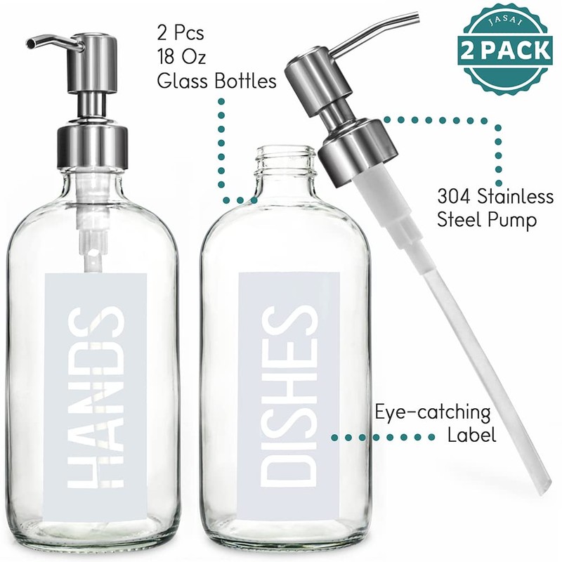 JASAI 2Pack 18OZ Glass Soap Dispenser with Rustproof 304 Stainless