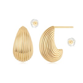 MYEARS Women Hoop Earrings Gold Waterdrop Ribbed 14K Small Simple Hypoallergenic Everyday Illusion Jewelry