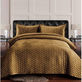 Tribeca Living LUGANOQUITWCAM Velvet Oversized Quilt Set, Twin, Camel