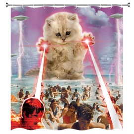 MERCHR Funny Alien Kitten cat Shower Curtain, UFO on The Beach catching Human Shower Curtains, Waterproof Polyester Fabric Bathroom Decor Bath Curtain with 12 Hooks 72x72in