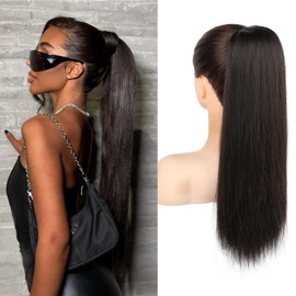 SEIKEA Ponytail Extensions Drawstring Long Straight Fake Pony Tail Natural Soft Clip in Hair Extension Synthetic Heat Resistant Hairpiece 20 Inch Black Brown