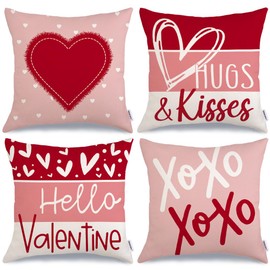 GEEORY Valentine's Day Hello Valentine Hugs & Kisses Throw Pillow Covers 18x18 Inch Set of 4, Red Heart XOXO Striped Decorative Farmhouse Wedding Cushion Cases for Home Decoration (Pink) G659-18