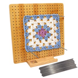 Iswabard 11x11 Inch Blocking Mats Blocking Board for Crocheting with 15 Stainless Steel Rods Crochet Blocking Board Large Base Bamboo Granny Square (Bamboo-C)